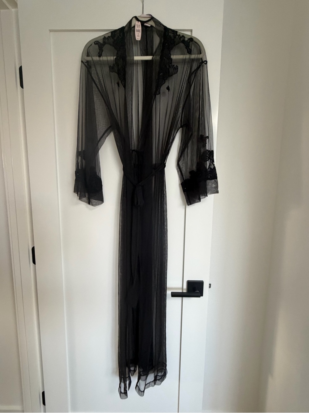 Victoria's Secret Black Sheer Lace-Trim Long Robe